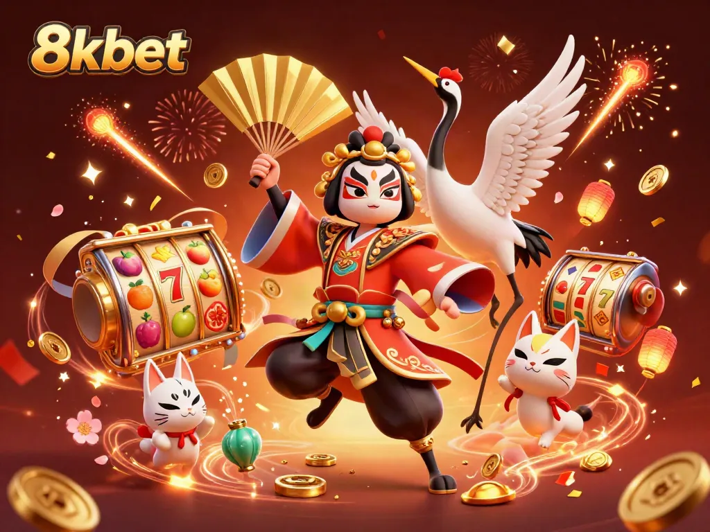 Experience thrilling slots action with 8xbet featuring vibrant slot reels and festive characters.