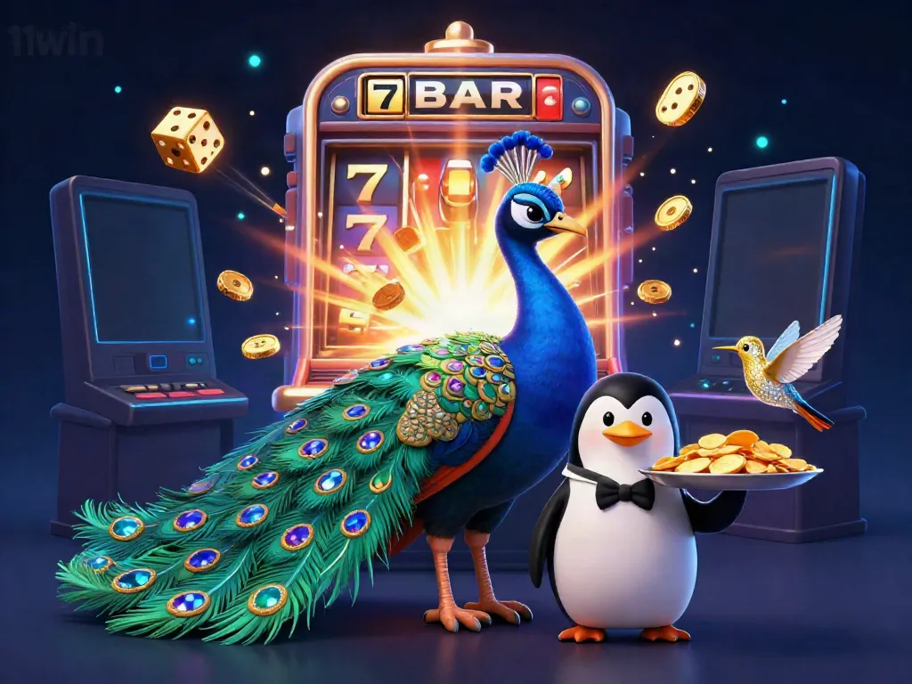 Experience vibrant gaming action with 11win's lively casino scene featuring an aristocratic peacock, golden chips, and jackpot symbols.