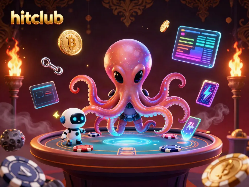 Hitclub showcases a vibrant 3D alien poker scene with animated characters and crypto elements.