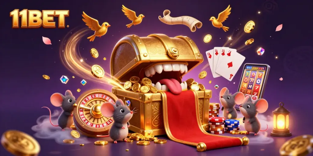 Experience thrilling gameplay at 11BET with a vibrant scene filled with treasures and casino excitement.