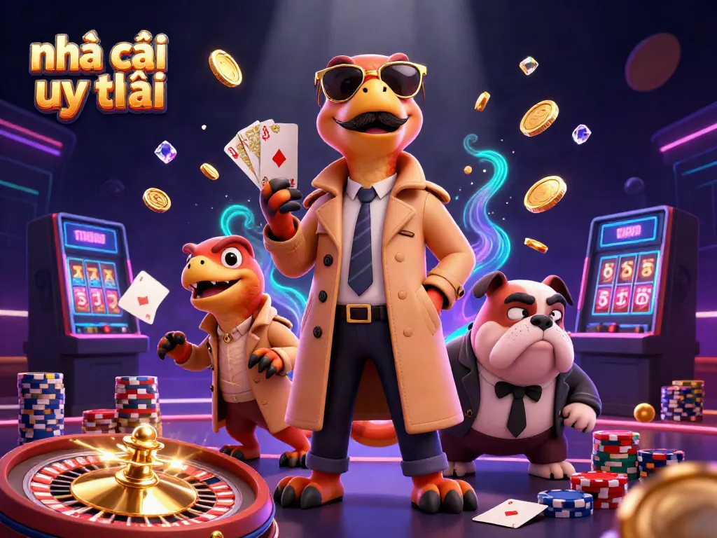 Raptors in a trench coat entering a VIP casino, showcasing the keyword nhà cái uy tín amidst gold coins and poker chips.