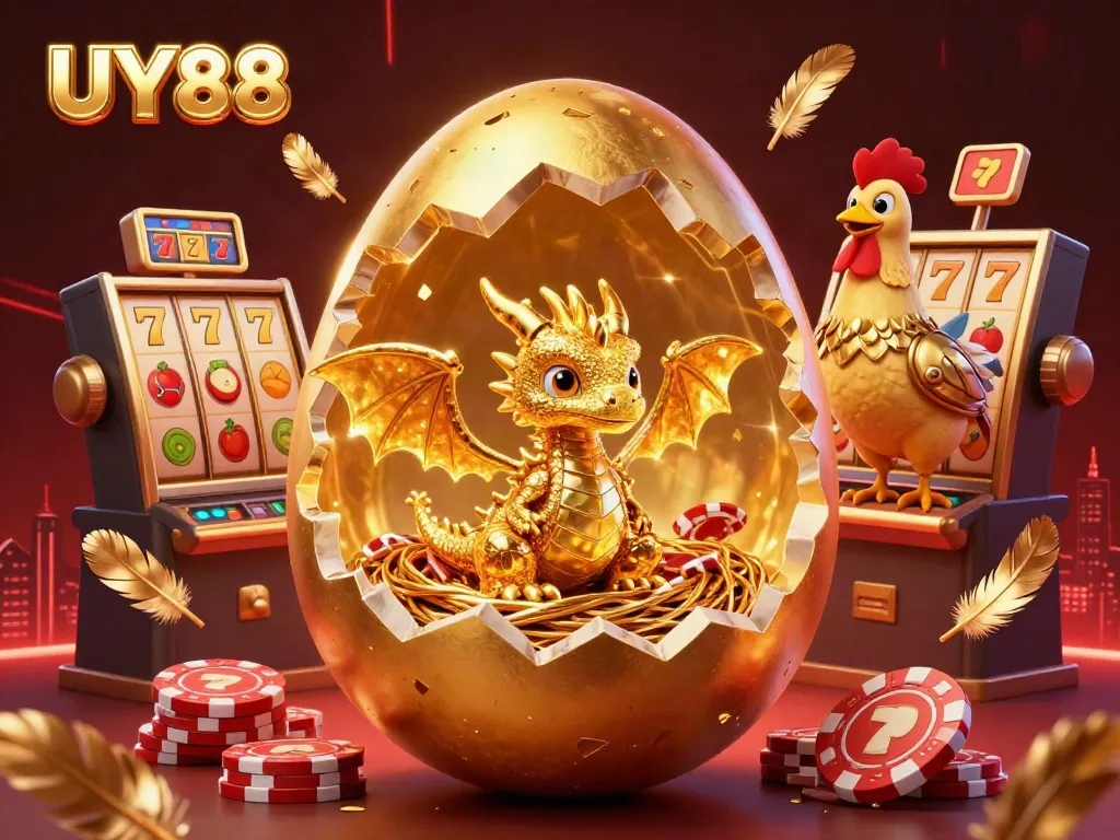 Celebrate big wins at UY88 with golden dragon and poker chips, in a vibrant casino-themed scene.