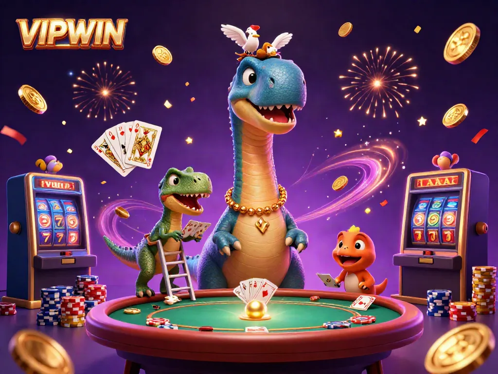 Experience excitement at VIPWIN with a whimsical 3D casino scene featuring a towering brontosaurus and a raptor dealer.