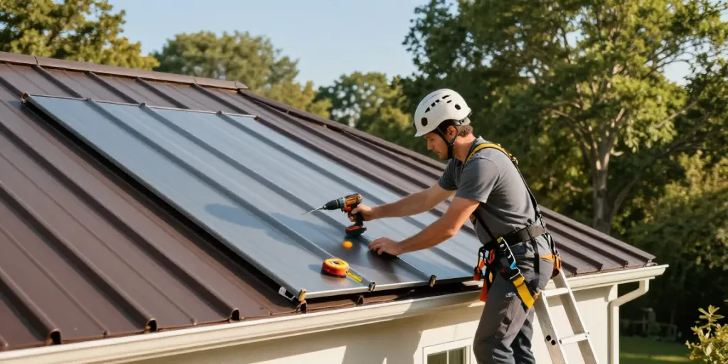 MROOF Ontario roofer installing durable metal roofing panels on a sunny day.