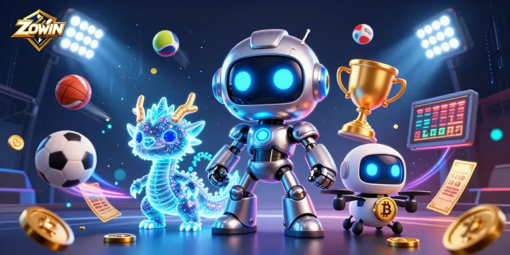 ZOWIN offers thrilling gaming excitement with colorful characters and dynamic sports elements in a vibrant 3D illustration.