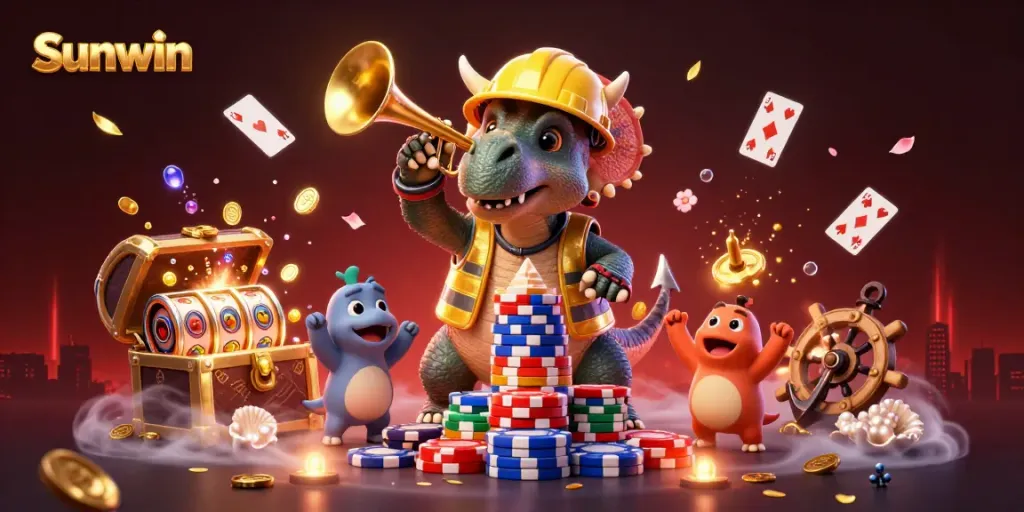 Experience the thrill of Sunwin with a vibrant 3D illustration showcasing dynamic casino elements and playful characters.