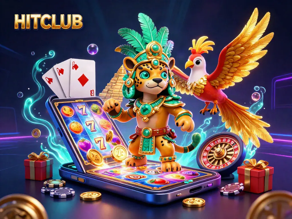 Spin the reels at HITCLUB casino with a vibrant Mayan-themed 3D illustration of games and prizes.