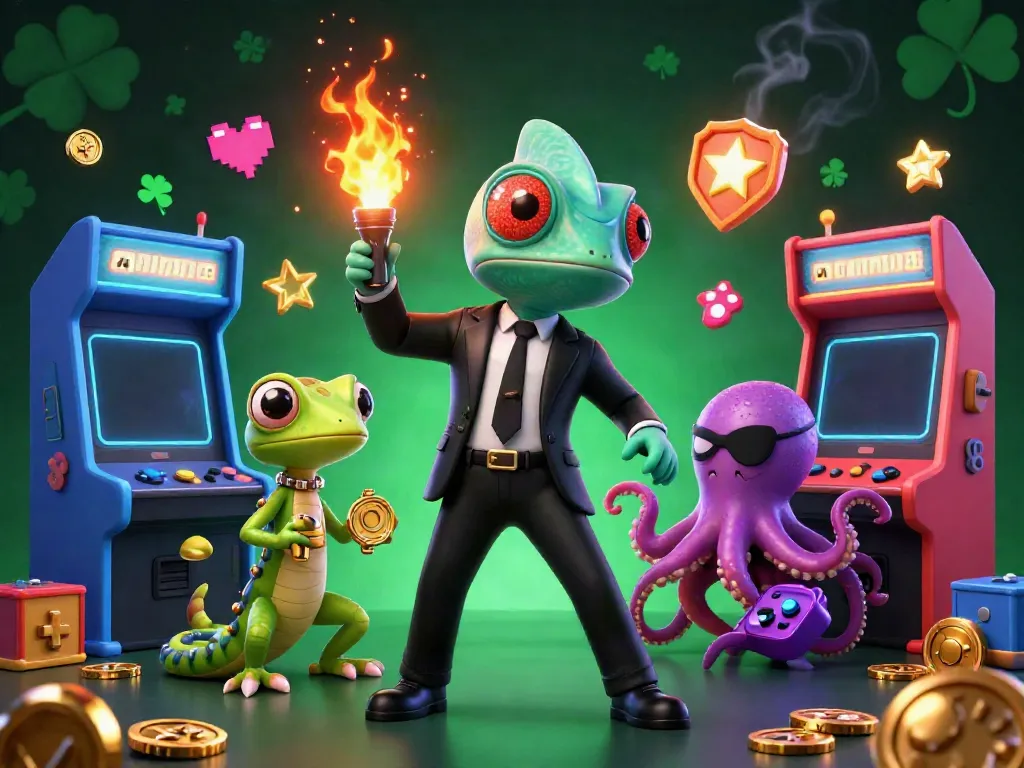 Experience exciting gaming with 11win's vibrant casino scene featuring a chameleon spy and a gadget-laden gecko.