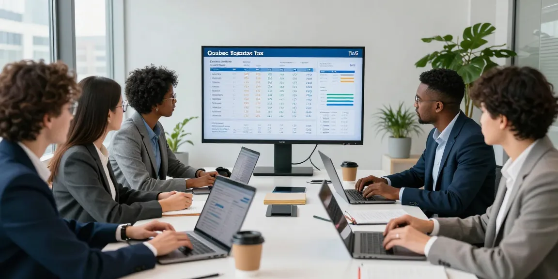 Professionals using the quebec sales tax calculator 2026 in a modern office meeting.