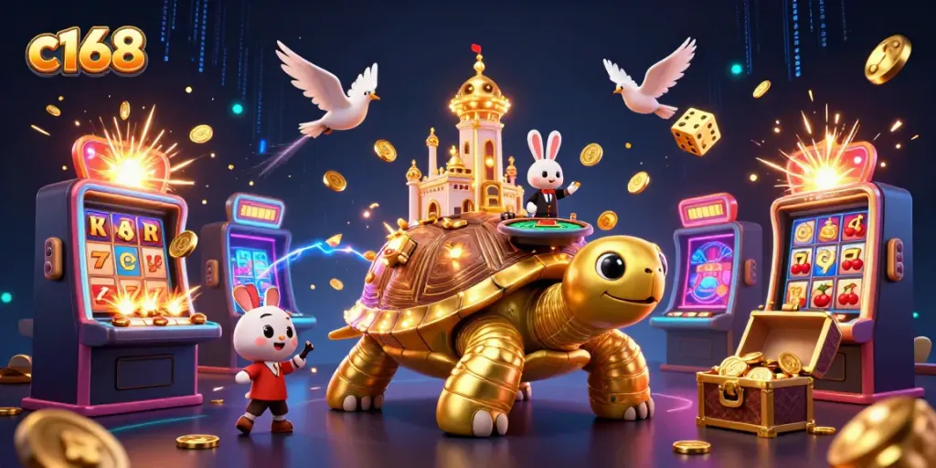 Experience thrilling gaming with C168's vibrant illustration showcasing a golden tortoise casino.