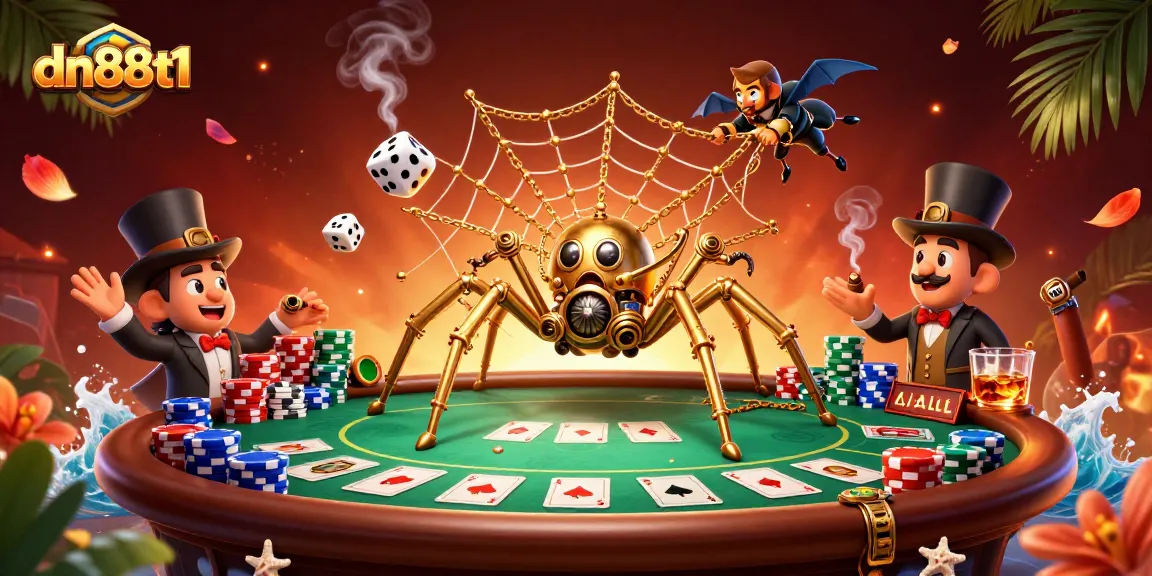 Engage with exciting poker action at dn88t1 featuring a whimsical steampunk spider and a charming fly gentleman.