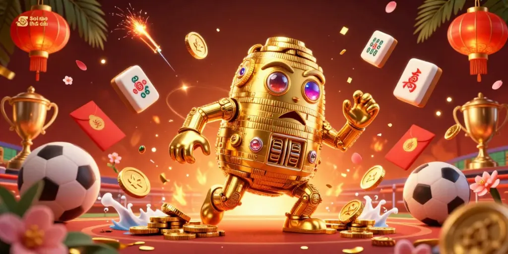 Soi kèo nhà cái showcases a vibrant 3D illustration of a golden golem surrounded by dynamic sports betting elements.