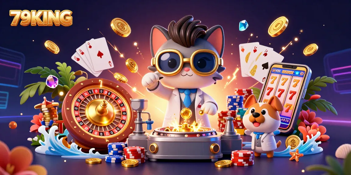 Engage with 79KING in a vibrant casino scene filled with golden coins and animated gaming action.