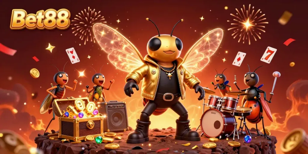 Experience the excitement of Bet88 with a dynamic illustration of a rock star cicada and gaming elements conjoining fun and chance.