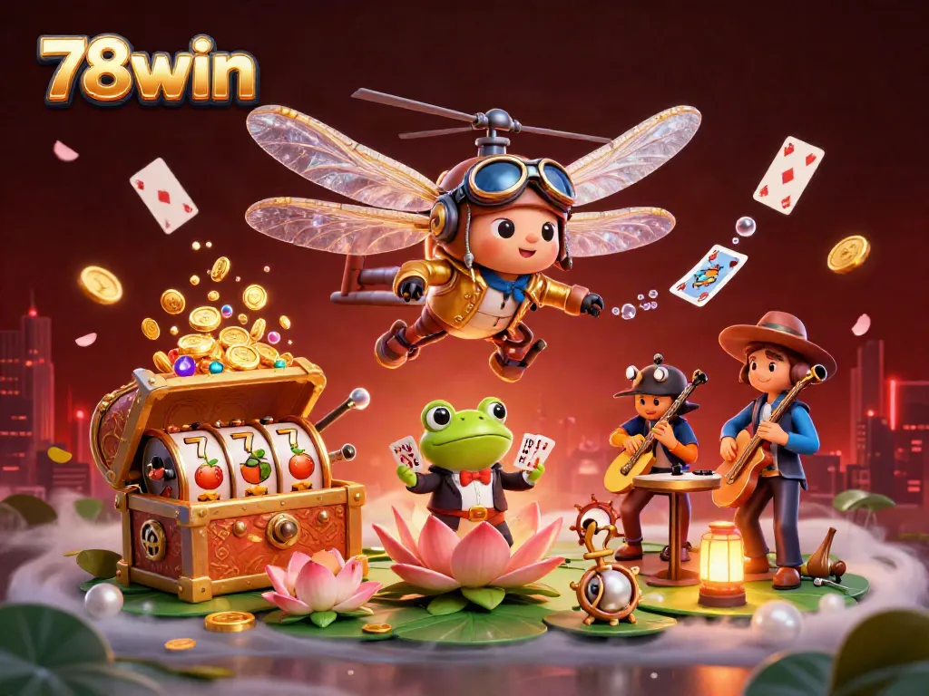 Engage in thrilling casino fun with 78win, featuring a dragonfly pilot and frog croupier.
