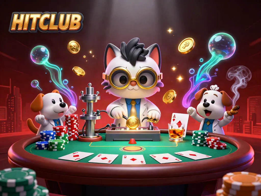 Engage with HITCLUB's thrilling casino experience featuring a mad scientist cat at a poker table.