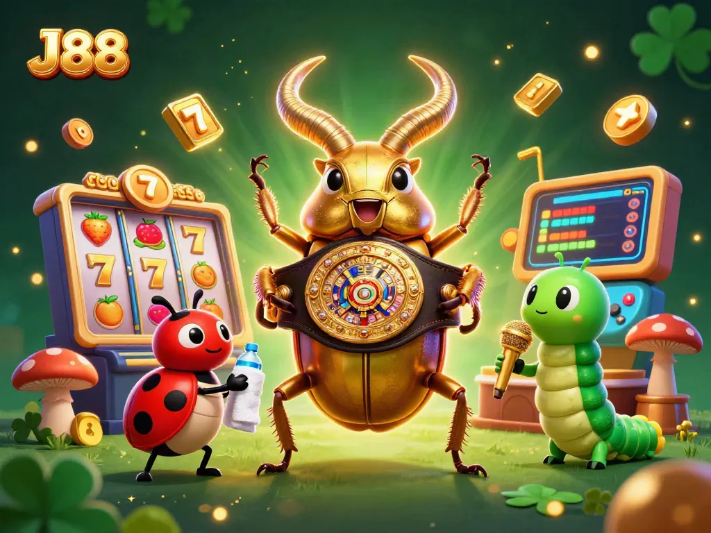 Engage with J88's exciting casino scene featuring unique characters and vibrant slot machines.