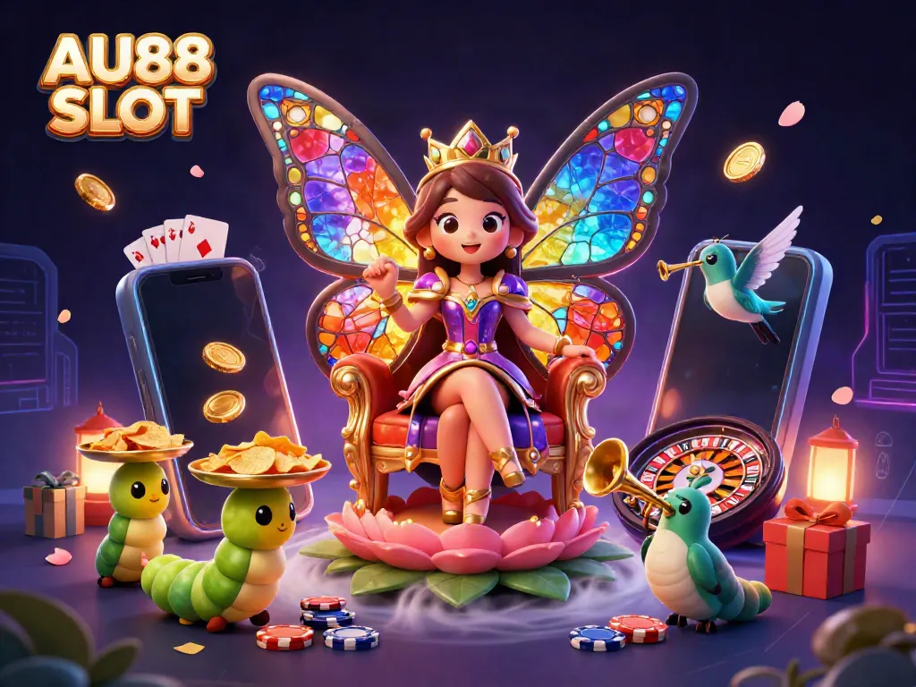 Engaging AU88 SLOT illustration showing a cartoon butterfly queen amidst vibrant casino elements.