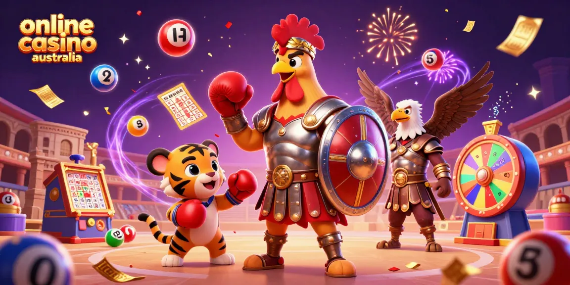 Engage with an exciting scene showcasing the online casino Australia theme with playful characters and vibrant gaming elements.