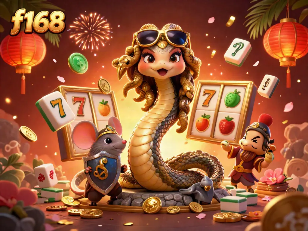 Experience the excitement of f168 with Medusa and a warrior mouse celebrating slot wins amidst vibrant casino elements.