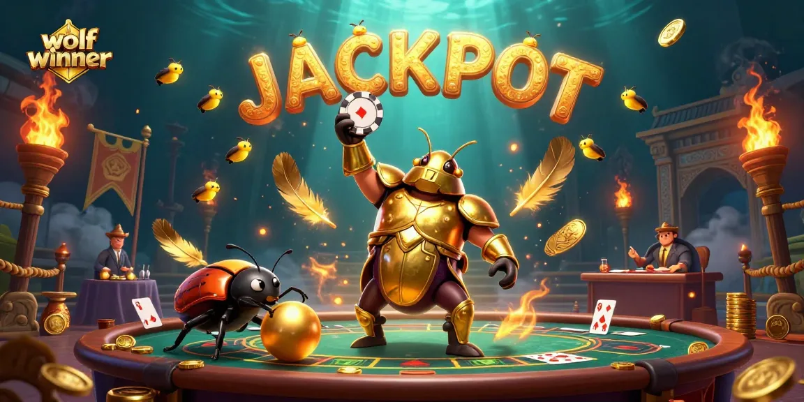 wolfwinner showcases a victorious hercules beetle at a baccarat table amid golden casino elements.