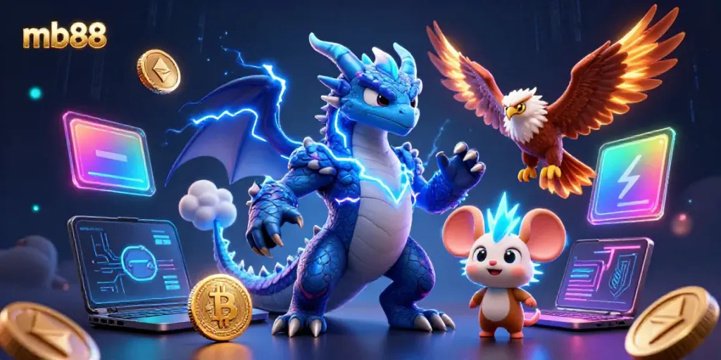 Experience thrilling gaming adventures at mb88 with a vivid 3D dragon, hawk, and neon elements.