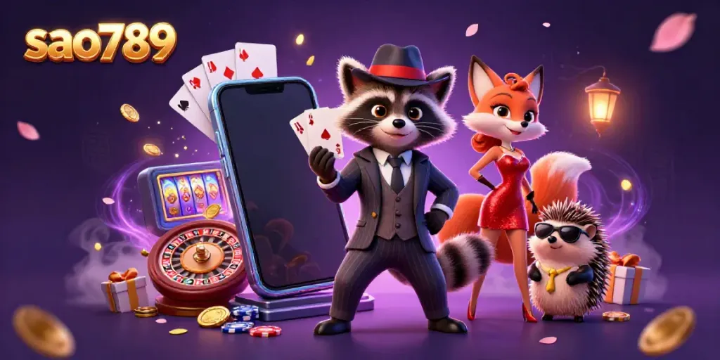 Experience thrilling gameplay at sao789 with a raccoon dealer showcasing a royal flush in a vibrant casino scene.