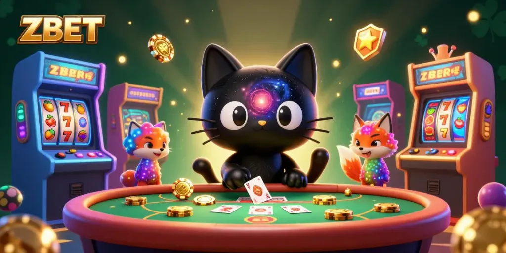 ZBET engages players at a cosmic casino table, surrounded by slot reels and vibrant golden chips.