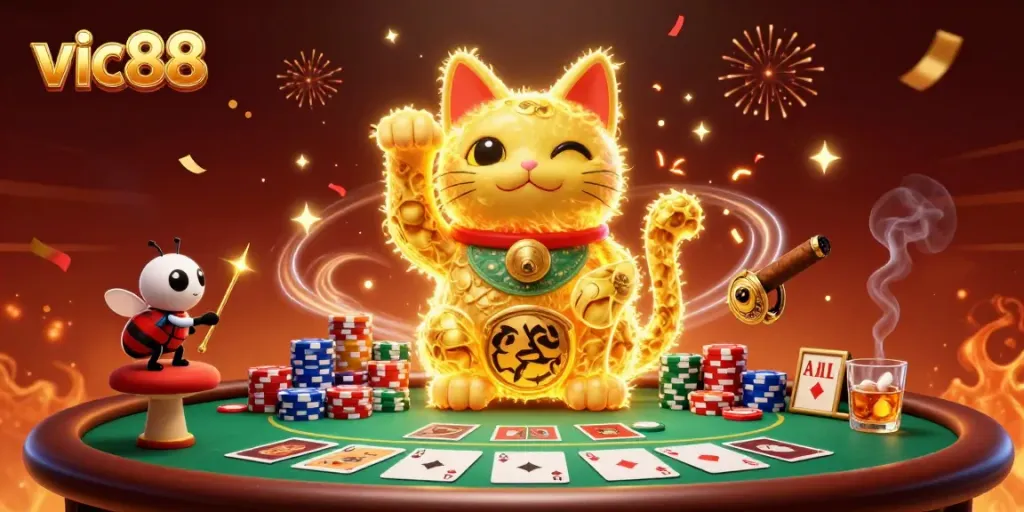 Experience the excitement at vic88 with a lucky cat and casino symbols in a vibrant setting