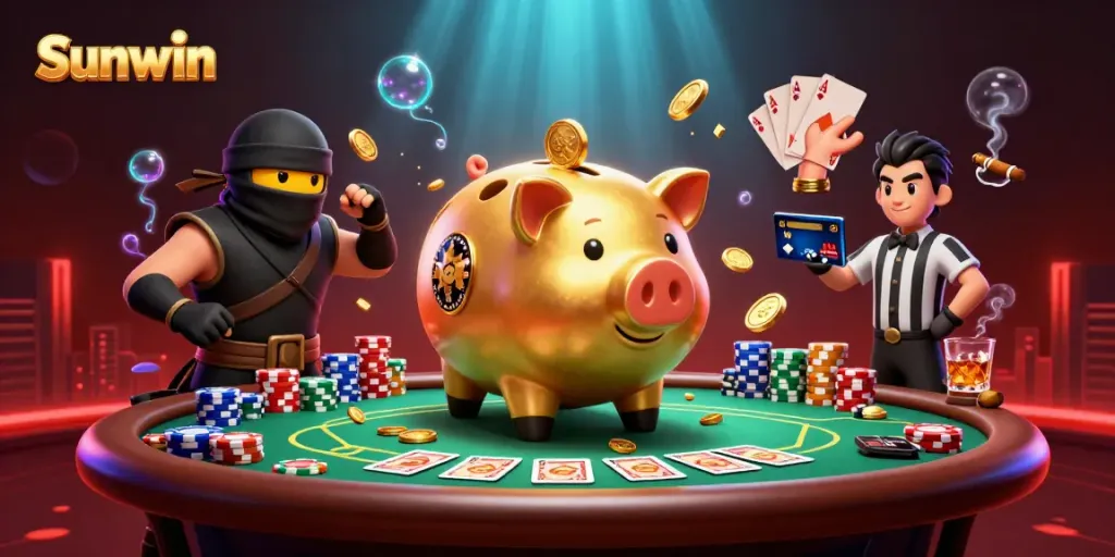 Experience thrilling slots and games at Sunwin with a grand casino scene featuring animated characters.