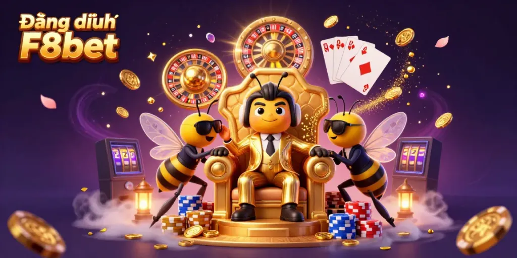 Experience the excitement of Đăng ký F8bet with a lively casino scene featuring vibrant game elements.
