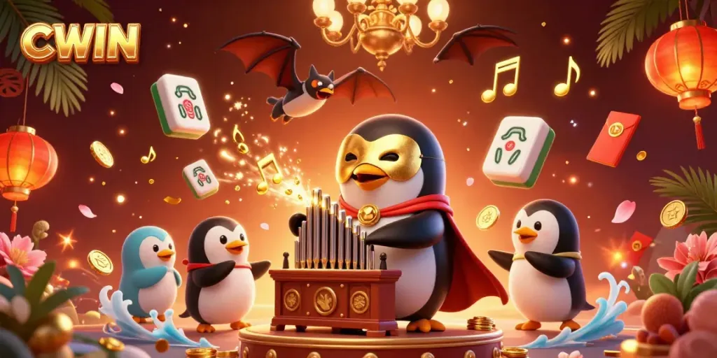 CWIN penguin plays an organ shooting coins amid festive casino elements in a lively 3D scene.