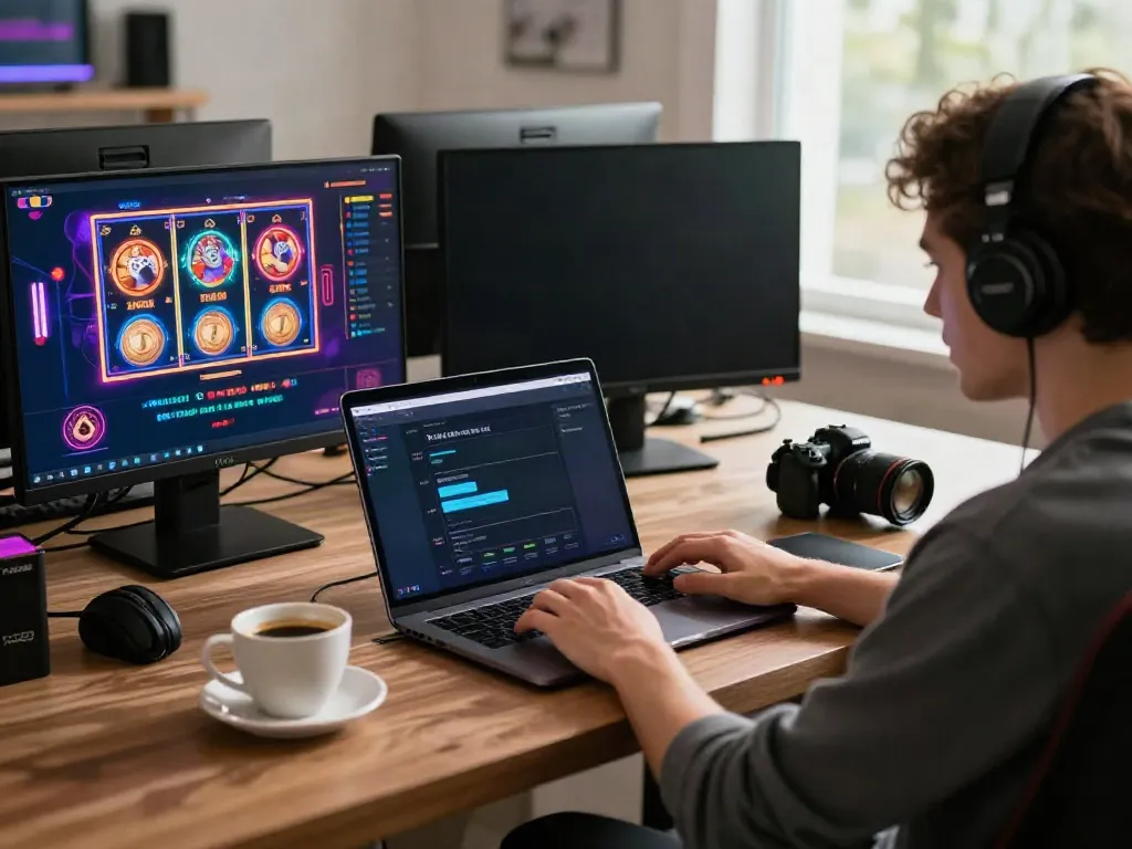 Engaged user exploring the vibrant experience of https://ta88.network/ on a modern laptop.