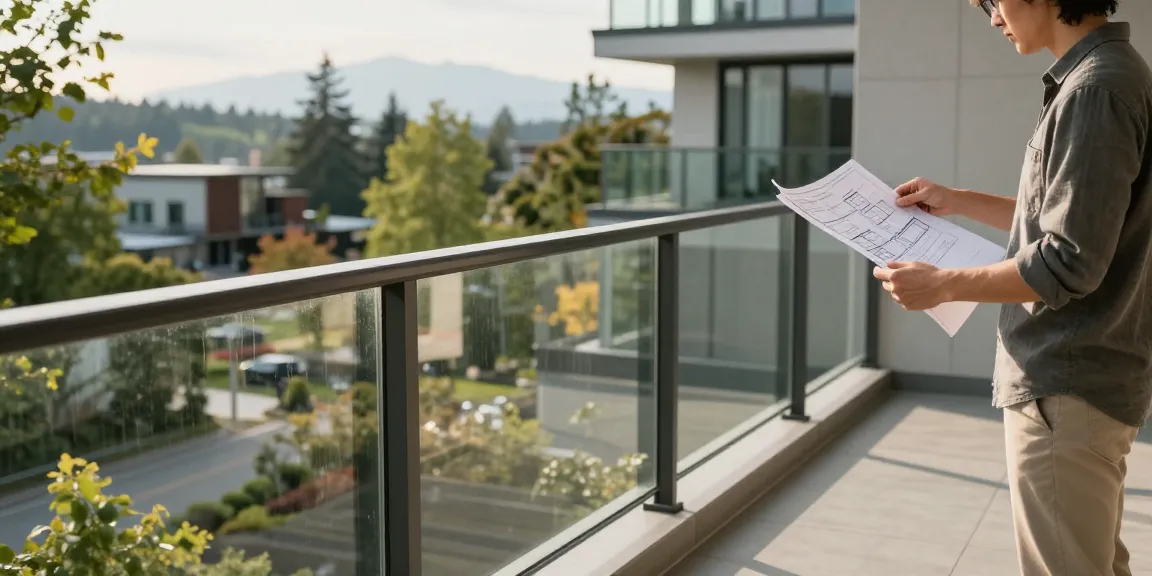 Beautiful custom railing in Vancouver captured with homeowner admiring design and craftsmanship on modern balcony.