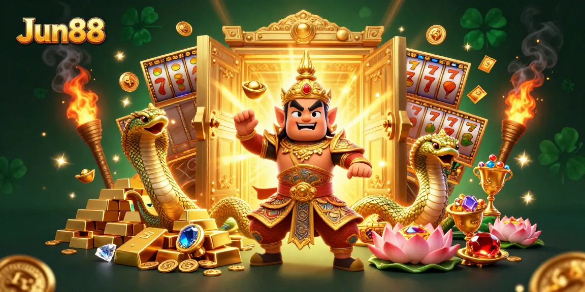 Experience the excitement of Jun88 gaming with this vibrant illustration showcasing gold treasure and magical characters.