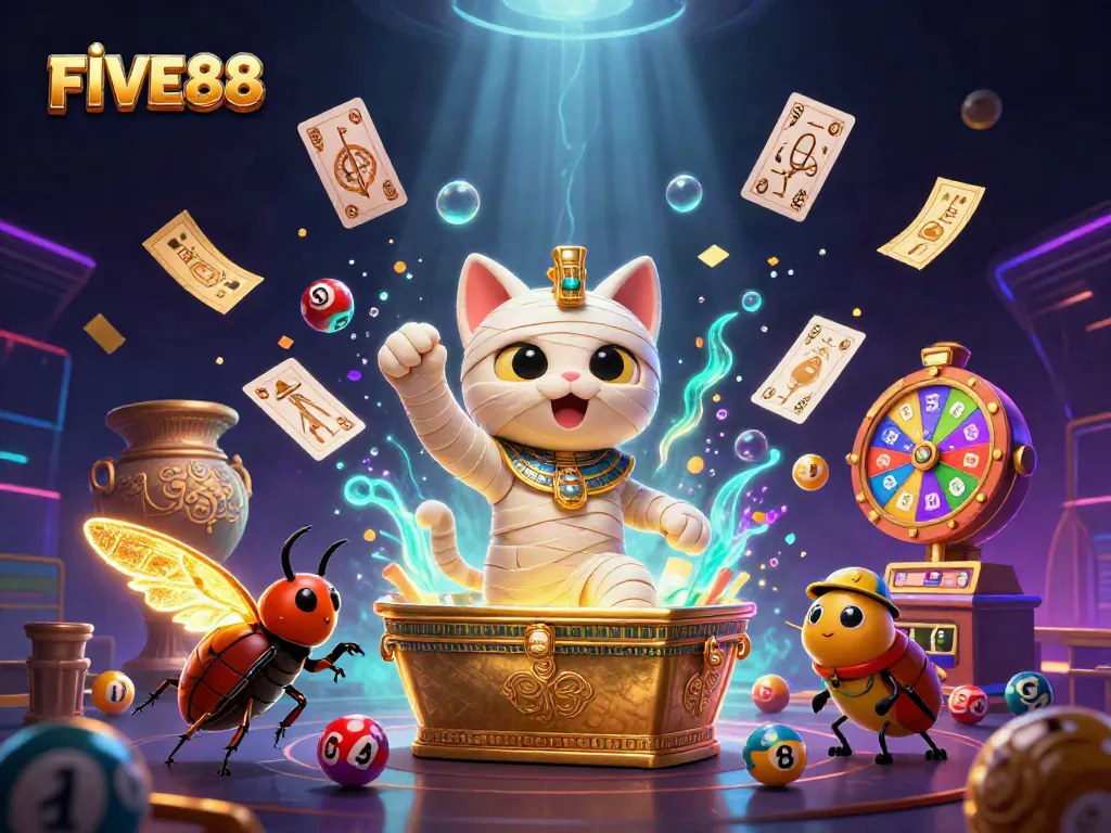 Immerse in FIVE88's thrilling casino scene featuring a cartoon mummy cat and golden elements.