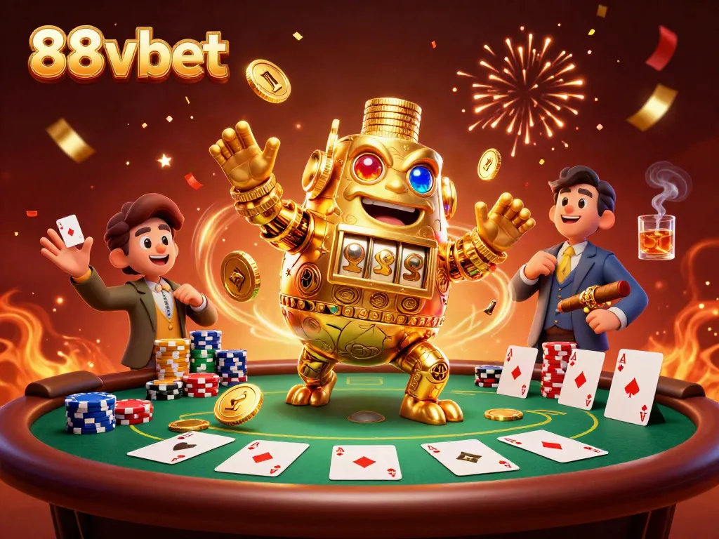 Bet on exciting games with 88vbet, featuring a golden golem and poker scene.