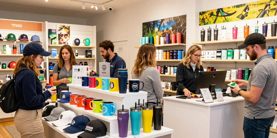 Promotional products showroom featuring engaging displays of custom caps and drinkware, creating excitement.