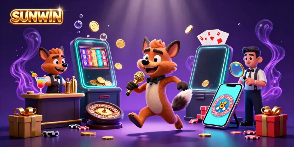 Experience SUNWIN with lively hyenas in a comedy casino scene filled with colorful games and lively decor.