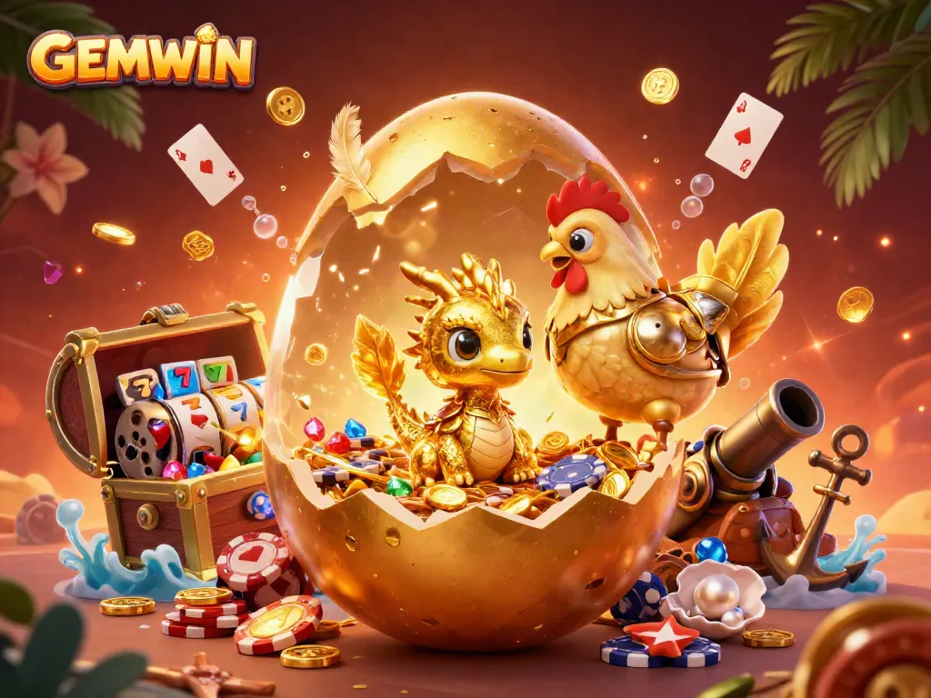 Experience excitement at GEMWIN with a golden dragon and poker chips amidst vibrant casino elements.