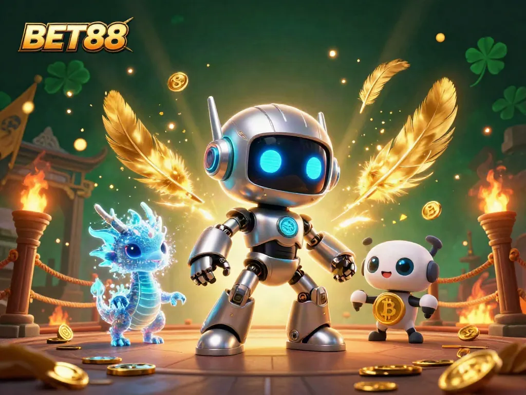 Trải nghiệm trò chơi BET88 với robot ma thuật và rồng holographic giữa những đồng tiền vàng và hiệu ứng lửa.