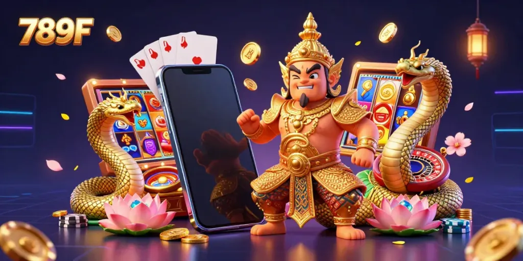 Engage with vibrant slot games at 789F with our unique 3D casino illustration showcasing a guardian and game elements.