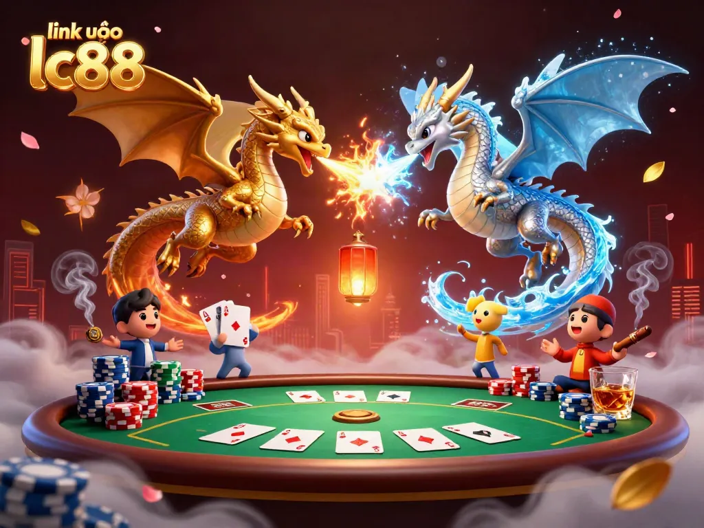 Engage in thrilling gameplay with link vào lc88 as gold and silver dragons illuminate a vibrant 3D casino scene.