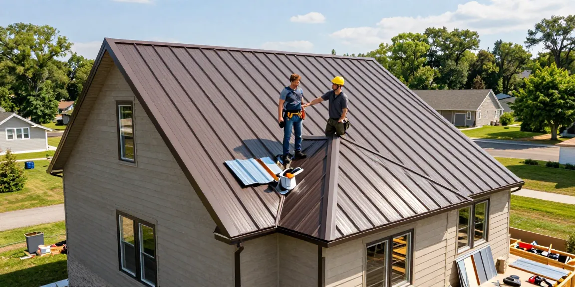 Showcasing metal roofing projects Ontario, highlighting a standing seam installation with homeowners and contractor discussing details.