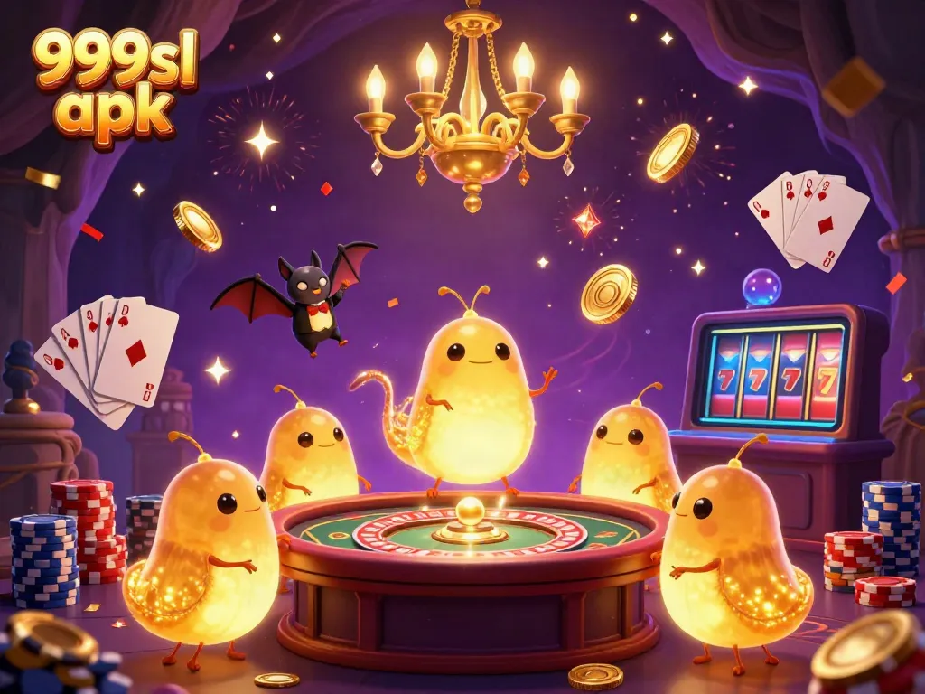 Experience excitement with 999sl apk as glowworms illuminate a vibrant casino scene filled with gems and golden coins.