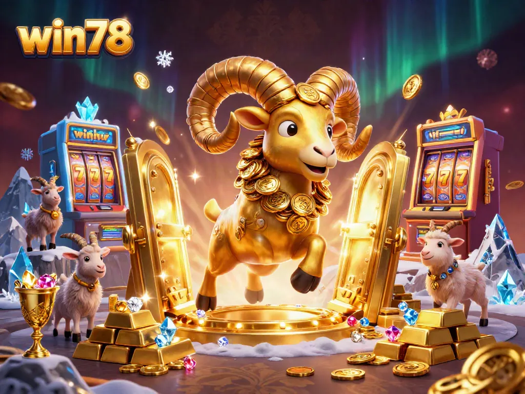 Win78 golden ram charging through a treasure-filled casino scene, showcasing excitement.