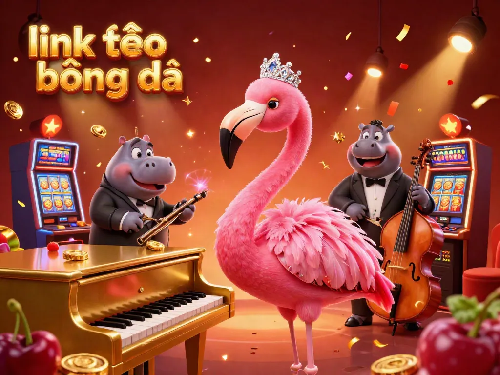 Engage with link vào kết quả bóng đá through a lively casino scene featuring vibrant slot machines, confetti, and dynamic characters.