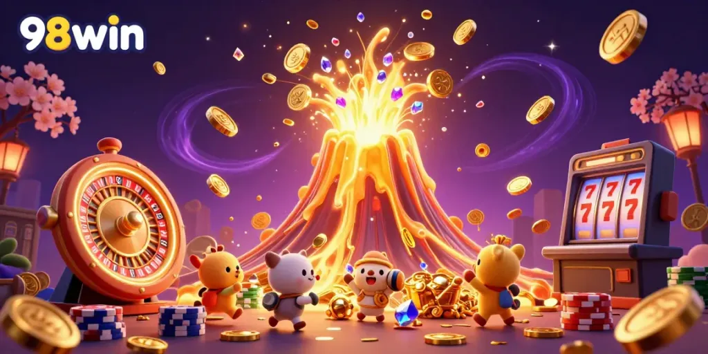 Experience the excitement of 98win with a triumphant volcano fountain pouring treasure in a vibrant casino scene.