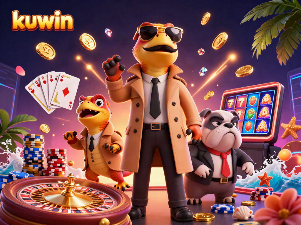 Kuwin players entering a casino scene with raptors in disguise amidst golden coins and vibrant slots.