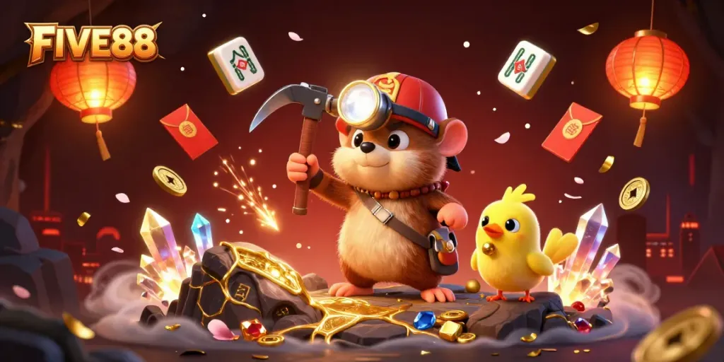FIVE88 showcases a treasure hunter mole in a vibrant 3D casino scene filled with gaming elements.